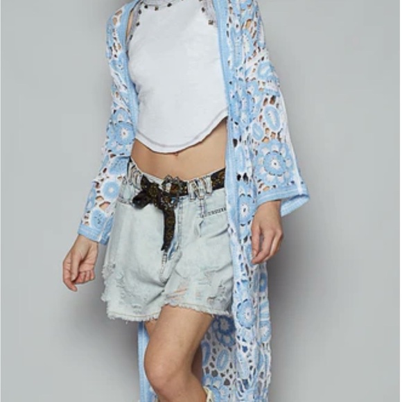 POL Jackets & Blazers - POL Open Front Crochet Cardigan in Blue